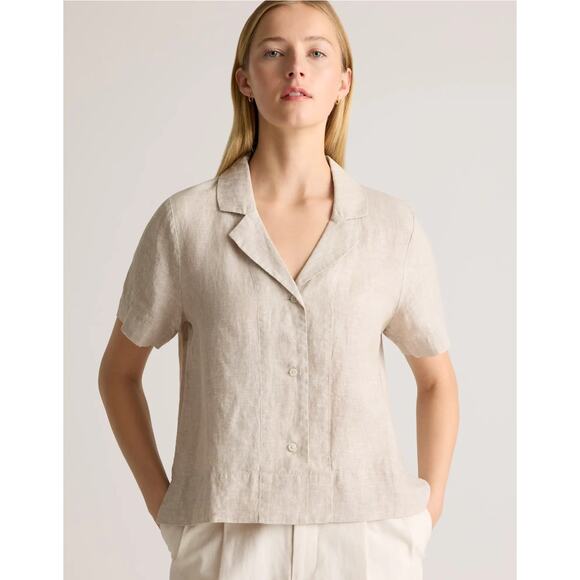 Quince 100% European Linen Short Sleeve Shirt Large Tan Flax Button Down - Picture 3 of 12